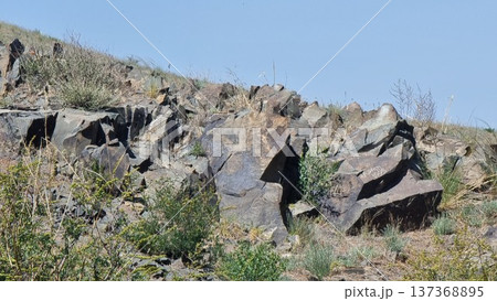 Beautiful view of nature scene. Stones with petroglyphs. Beautiful view of nature scene. Stones with petroglyphs. 137368895