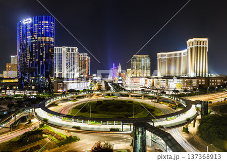 Panoramic night view of Cotai Strip is an area known mostly for its hotel-casinos in the central portion of Cotai, Macau. 137368913
