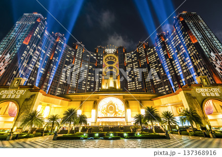 Beautiful night view of Studio City is a hotel casino resort on the Cotai Strip in Macau, China, a Hollywood studio-themed leisure resort. 137368916