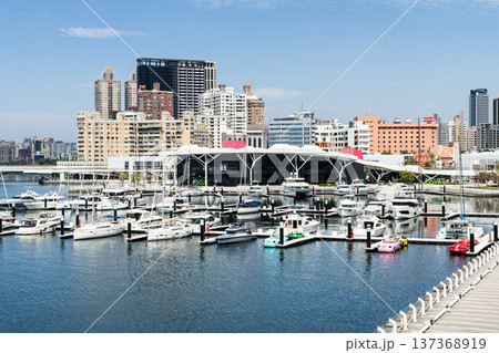 View of Argo Yacht Marina at Glory Pier of Kaohsiung Port, Taiwan. with the Coral Zone building of Kaohsiung Music Center. 137368919