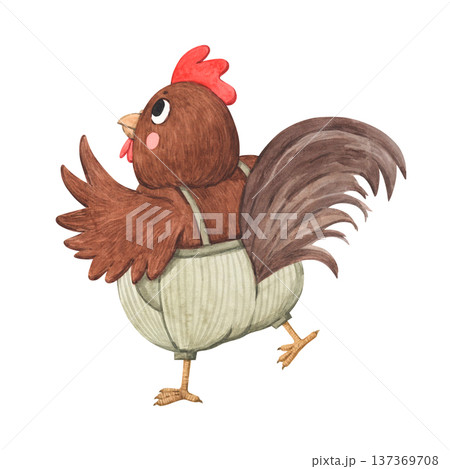A watercolor illustration of a rooster in striped pants 137369708
