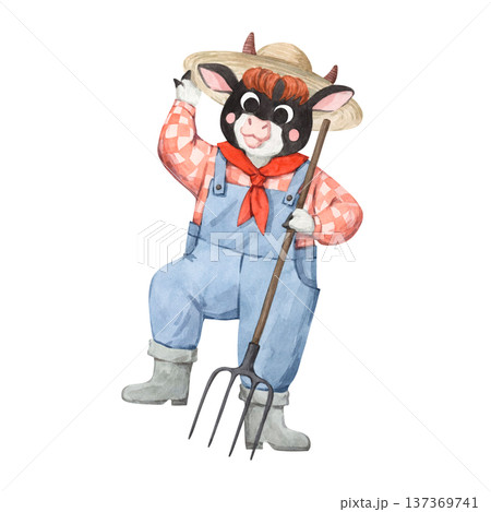 A watercolor illustration of a bull in overalls and a hat 137369741