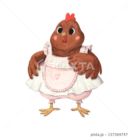 A charming watercolor chicken in a sundress and apron 137369747