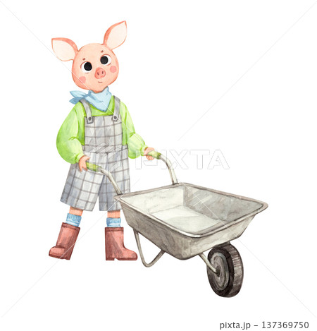 A watercolor illustration of a little pig in a plaid jumpsuit 137369750