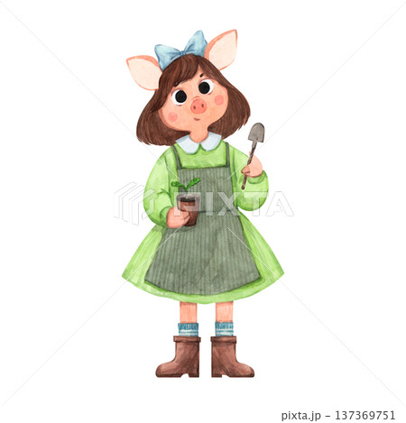 A cute watercolor gardening pig with a small potted plant 137369751