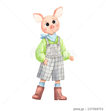 A watercolor illustration of a little pig in a plaid jumpsuit 137369753