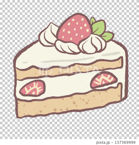 Kawaii strawberry shortcake slice with whipped cream and fresh strawberry pastel dessert illustration cute bakery cake slice for afternoon tea party graphics dessert menu designs and sweet food themes 137369999