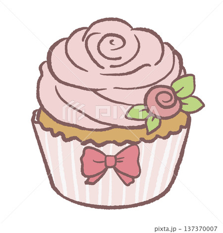 Kawaii strawberry cupcake with pink frosting and bow wrapper pastel dessert illustration cute bakery cupcake for birthday party graphics bakery menu designs and sweet treat themed artwork Kawaii strawberry cupcake with pink frosting and bow wrapper pastel dessert illustration cute bakery cupcake for birthday party graphics bakery menu designs and sweet treat themed artwork 137370007