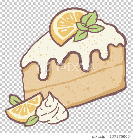 Kawaii lemon cake slice with glaze and lemon garnish pastel dessert illustration cute bakery cake for afternoon tea menu graphics dessert shop designs and citrus dessert themed artwork 137370009