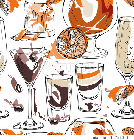 Aperol spritz, wine swirl, coffee shots and citrus cocktails in warm pattern repeat with hand drawn ink silhouettes. Isolated seamless tile for menus, blog background, gift wraps and product surfaces. 137370130