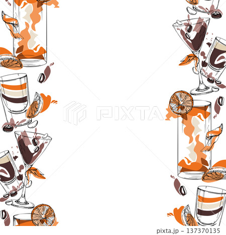 Layered B-52, Long Island and espresso martini strip, orange and coffee beans. Hand drawn vector seamless banner with double edges for brand modules, lifestyle pages, event ribbons and product wraps. Layered B-52, Long Island and espresso martini strip, orange and coffee beans. Hand drawn vector seamless banner with double edges for brand modules, lifestyle pages, event ribbons and product wraps. 137370135