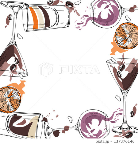 Warm frame of espresso martini, coffee or chocolate shot, wine and citrus juice splatter ink silhouettes. Vector hand drawn for borders, poster edges, cozy interior graphics and culinary stationery. Warm frame of espresso martini, coffee or chocolate shot, wine and citrus juice splatter ink silhouettes. Vector hand drawn for borders, poster edges, cozy interior graphics and culinary stationery. 137370146