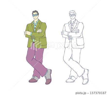 Businessman standing with crossed arms, confident male character illustration isolated on white background 137370187