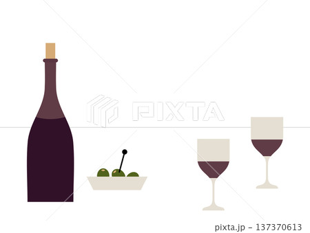 テーブル上のワインとオリーブのイラスト 137370613