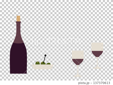 テーブル上のワインとオリーブのイラスト 137370613