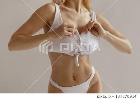 Sexy beauty body care banner with fit woman in white lingerie, slim body and healthy fitness lifestyle concept with copy space 137370914