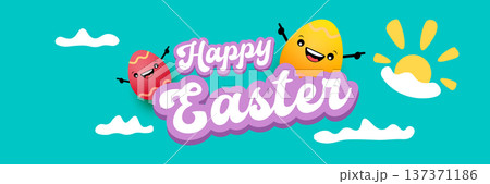 Happy Easter horizontal banner with cute smiling egg character. Funny easter cartoon illustration with sun and clouds on blue sky background for kids holiday celebration. Vector graphic art. Happy Easter horizontal banner with cute smiling egg character. Funny easter cartoon illustration with sun and clouds on blue sky background for kids holiday celebration. Vector graphic art. 137371186