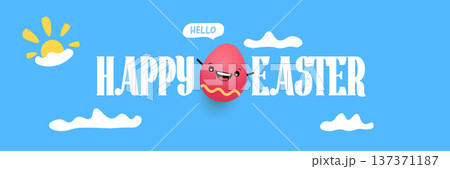 Happy Easter horizontal banner with cute smiling egg character. Funny easter cartoon illustration with sun and clouds on blue sky background for kids holiday celebration. Vector graphic art. Happy Easter horizontal banner with cute smiling egg character. Funny easter cartoon illustration with sun and clouds on blue sky background for kids holiday celebration. Vector graphic art. 137371187