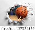 Basketball flying through torn white paper hole with indoor court  137371452