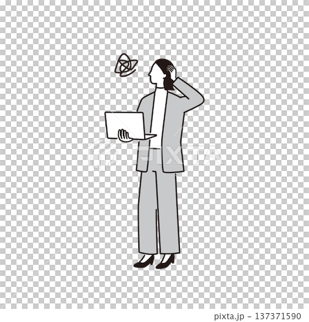 A female business person standing with a laptop computer and worrying about work A female business person standing with a laptop computer and worrying about work 137371590