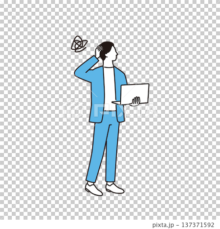 A male business person standing with a laptop and worrying about work A male business person standing with a laptop and worrying about work 137371592
