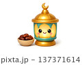 Golden lantern with smiling face and bowl of dates for Ramadan 137371614
