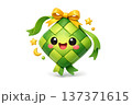 Vibrant green ketupat mascot with cheerful expression and festive gold bow 137371615