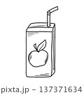 Tetra pack of apple juice with straw, doodle sketch style 137371634
