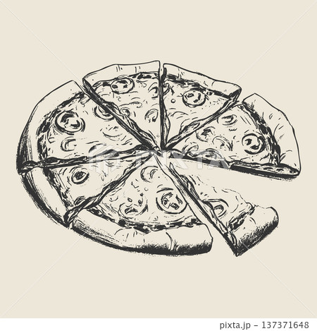 Pizza Hand Drawn Illustration in Vintage Ink Sketch Style Street Food Slice Fast Food Menu Vector 137371648