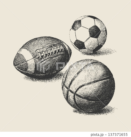 Sport Balls Set Urban Ink Sketch Vector Illustration Soccer Basketball Rugby Line Art Design 137371655