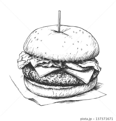 Hamburger Street Food Hand Drawn Illustration in Urban Ink Sketch Style Fast Food Burger Vector 137371671