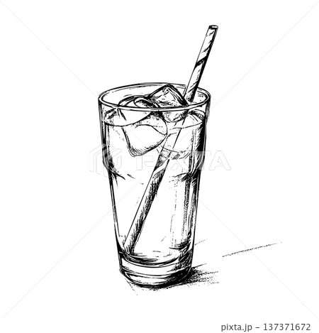 Glass of Water Hand Drawn Illustration in Urban Ink Sketch Style Ice Drink Straw Vector 137371672