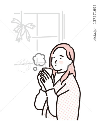 シンプル　イラスト　温かい飲み物で体を温める女性のイメージ ベクターイラスト 137371695