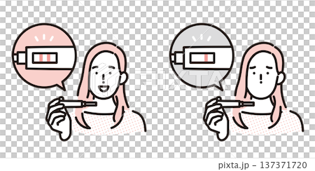 一幅簡單的插圖，描繪了一位女性查看妊娠測試結果的情景。圖中對比了陽性和陰性結果。向量圖。 137371720