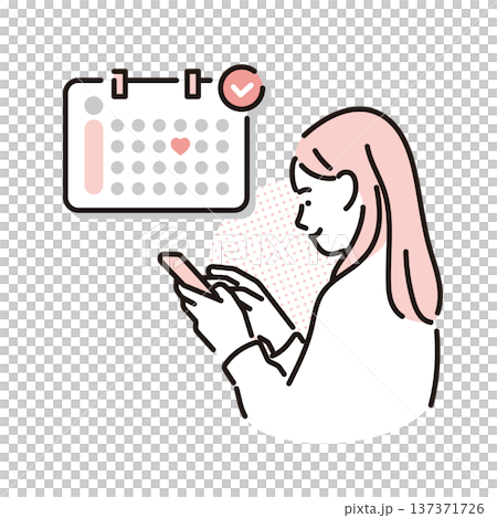 シンプル　イラスト　排卵日アプリをスマートフォンで確認する女性のイメージ ベクターイラスト 137371726