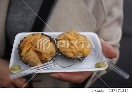Fresh sea urchin (uni) served directly in its shell on a small plate at a seafood market in Sapporo, Hokkaido, Japan Fresh sea urchin (uni) served directly in its shell on a small plate at a seafood market in Sapporo, Hokkaido, Japan 137371812
