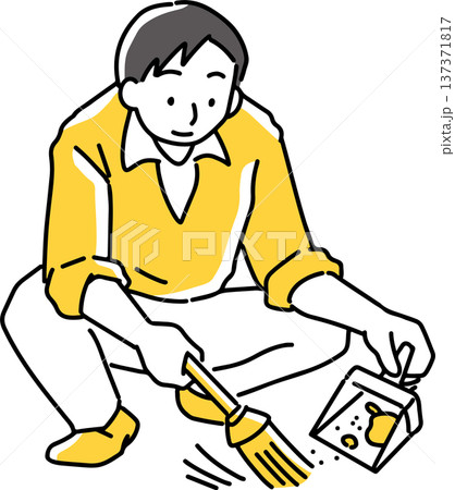 箒とちりとりで埃を集める男性 137371817