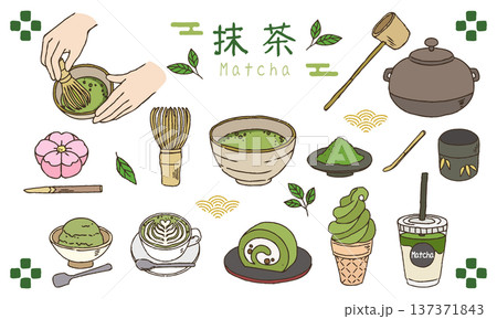 抹茶のイラストセット　手描き線画 カラー 137371843