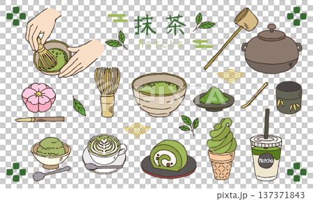 抹茶のイラストセット　手描き線画 カラー 137371843