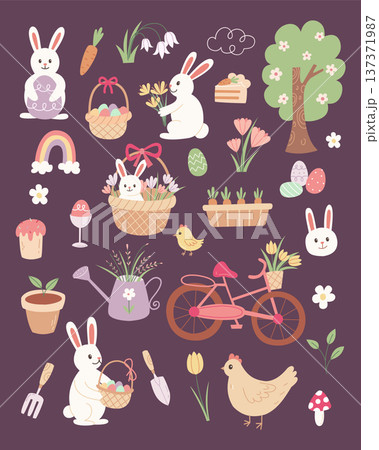 Easter spring garden vector element set. Cute flat bunny, chick, egg, flower and bicycle illustration. Holiday clipart collection for sticker, nursery decor and greeting design. Easter spring garden vector element set. Cute flat bunny, chick, egg, flower and bicycle illustration. Holiday clipart collection for sticker, nursery decor and greeting design. 137371987
