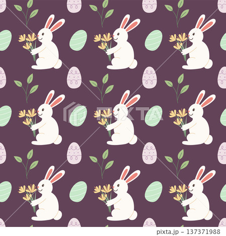 Easter bunny seamless pattern vector. Cute flat rabbit with flower and decorated egg illustration. Spring holiday repeat background for fabric, textile and wrapping paper. 137371988