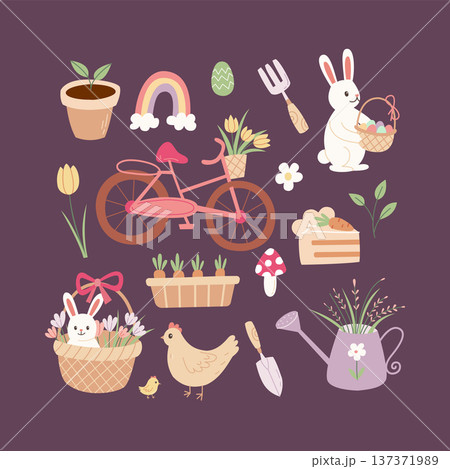 Spring easter garden element vector set. Cute flat bunny, chick, bicycle, flower and carrot illustration. Holiday clipart collection for sticker, nursery decor and greeting design. 137371989