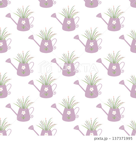 Watering can seamless pattern vector. Cute flat garden watering can with flower illustration. Spring floral repeat background for fabric, textile and wallpaper design. 137371995