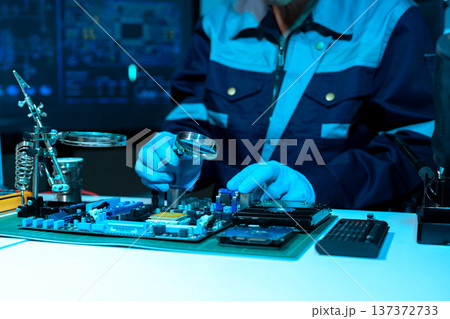 Macro photo of a finger touching a laptop chip close up 137372733