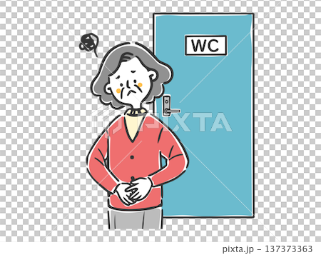 Illustration of a senior woman in trouble in front of the toilet, upper body, vector 137373363