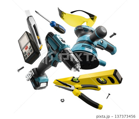 Professional equipment for finishing tasks. Comprehensive set of technical instruments displayed for surface treatment and precise craftsmanship Professional equipment for finishing tasks. Comprehensive set of technical instruments displayed for surface treatment and precise craftsmanship 137373456