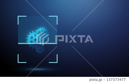 3d gears inside digital scanning frame with horizontal scan line. System diagnostics, process analysis, workflow monitoring, operational efficiency evaluation concept. 137373477