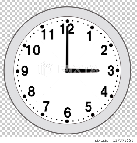 Illustration of a simple circular wall clock showing 3 o'clock 137373559