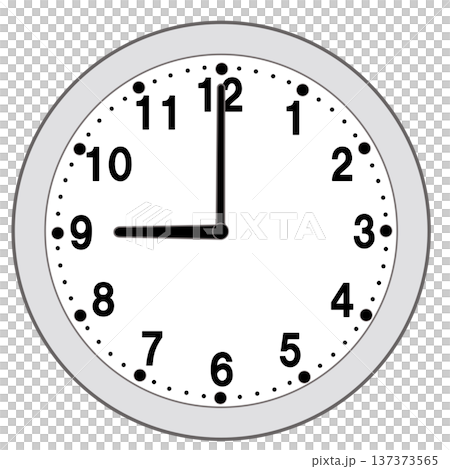 Illustration of a simple circular wall clock showing 9 o'clock Illustration of a simple circular wall clock showing 9 o'clock 137373565