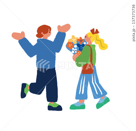 マルシェで花束を選ぶカップルと人々のにぎわう屋外マーケットのイラスト 137373736